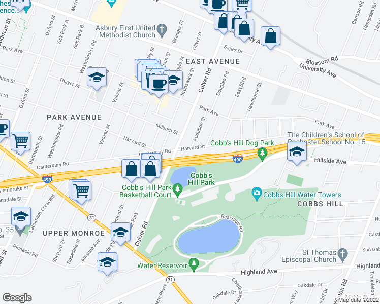 map of restaurants, bars, coffee shops, grocery stores, and more near 192 Culver Road in Rochester
