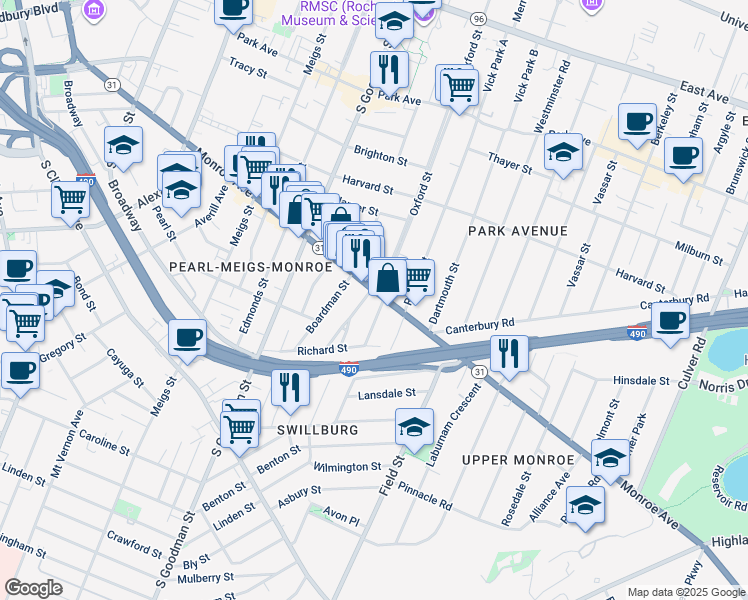 map of restaurants, bars, coffee shops, grocery stores, and more near in Rochester