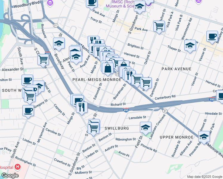 map of restaurants, bars, coffee shops, grocery stores, and more near 465 South Goodman Street in Rochester