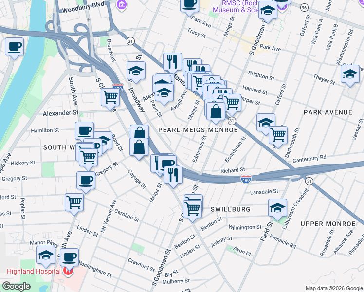 map of restaurants, bars, coffee shops, grocery stores, and more near 505 Meigs Street in Rochester