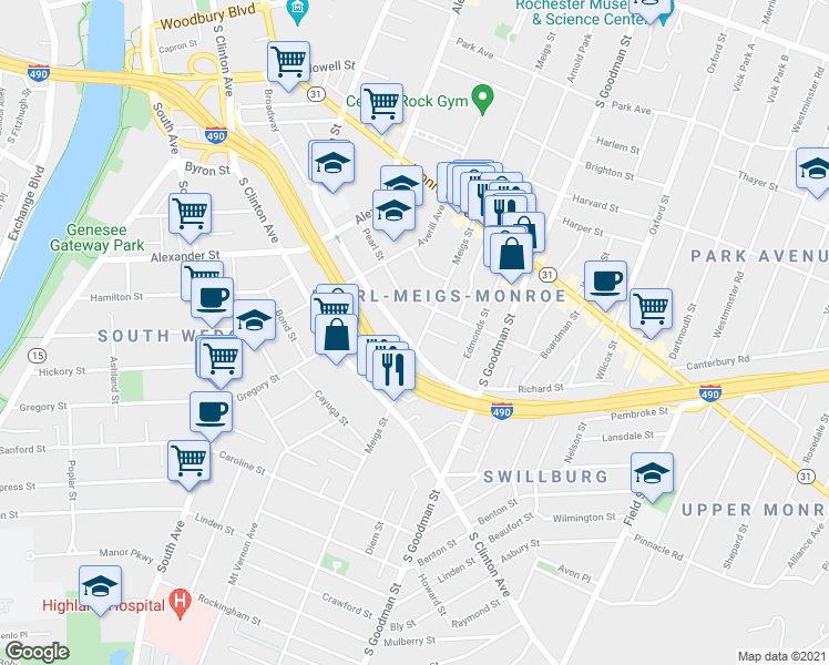 map of restaurants, bars, coffee shops, grocery stores, and more near 509 Meigs Street in Rochester
