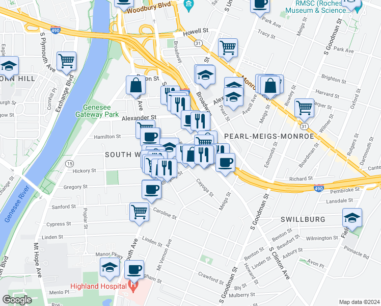 map of restaurants, bars, coffee shops, grocery stores, and more near 651 South Clinton Avenue in Rochester