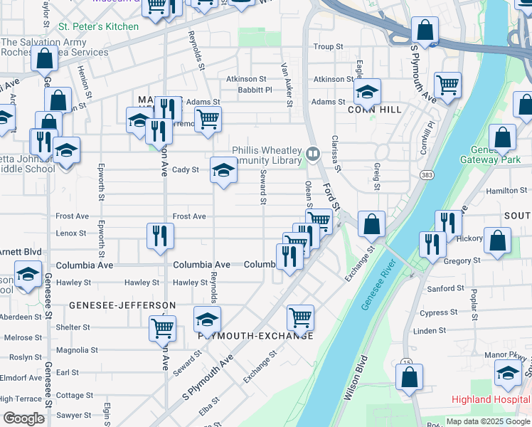 map of restaurants, bars, coffee shops, grocery stores, and more near 131 Champlain Street in Rochester