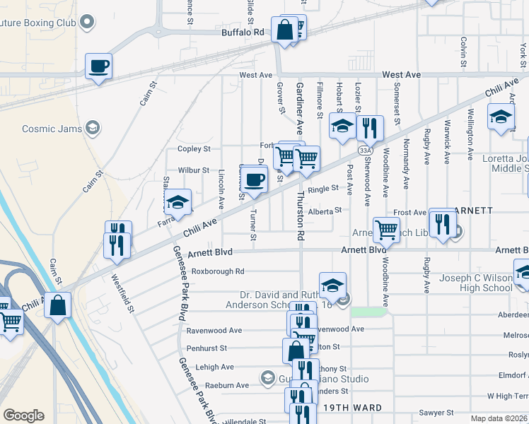 map of restaurants, bars, coffee shops, grocery stores, and more near 635 Chili Avenue in Rochester
