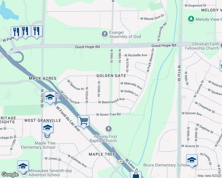 map of restaurants, bars, coffee shops, grocery stores, and more near 6948 North 99th Street in Milwaukee