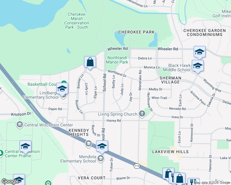 map of restaurants, bars, coffee shops, grocery stores, and more near 4610 Barby Lane in Madison