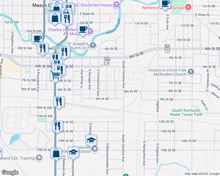 map of restaurants, bars, coffee shops, grocery stores, and more near 701-709 S Massachusetts Ave in Mason City