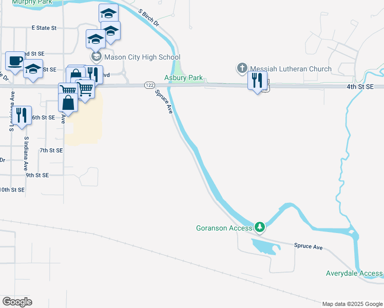 map of restaurants, bars, coffee shops, grocery stores, and more near South Birch Drive in Mason City