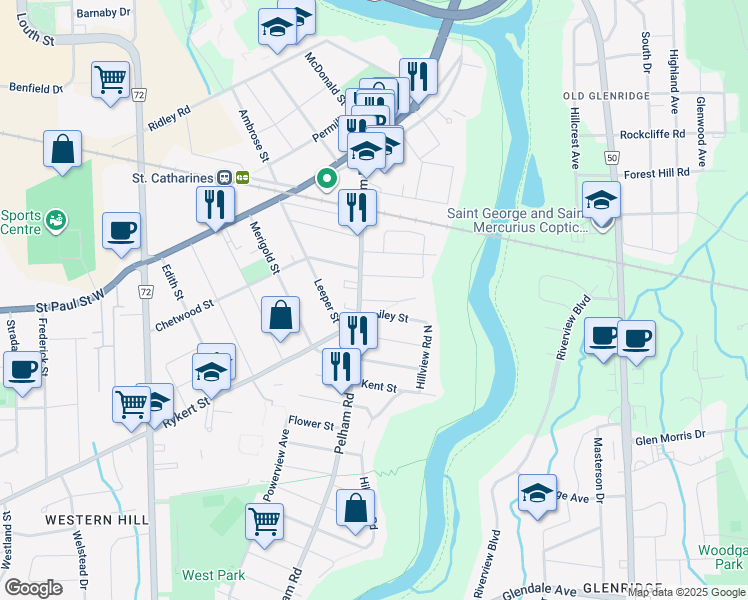 map of restaurants, bars, coffee shops, grocery stores, and more near 7 Antwerp Street in St. Catharines