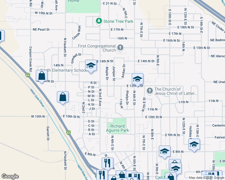 map of restaurants, bars, coffee shops, grocery stores, and more near 510 East 12th North in Mountain Home