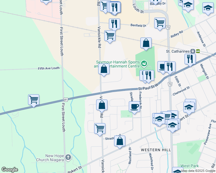 map of restaurants, bars, coffee shops, grocery stores, and more near 18 Commerce Place in St. Catharines