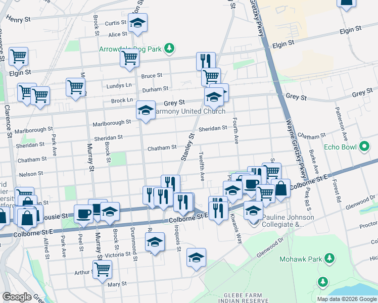 map of restaurants, bars, coffee shops, grocery stores, and more near 75 Stanley Street in Brantford