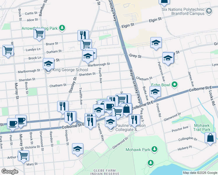 map of restaurants, bars, coffee shops, grocery stores, and more near 404 Nelson Street in Brantford