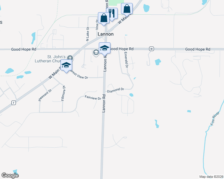 map of restaurants, bars, coffee shops, grocery stores, and more near 222 Diamond Drive in Lannon
