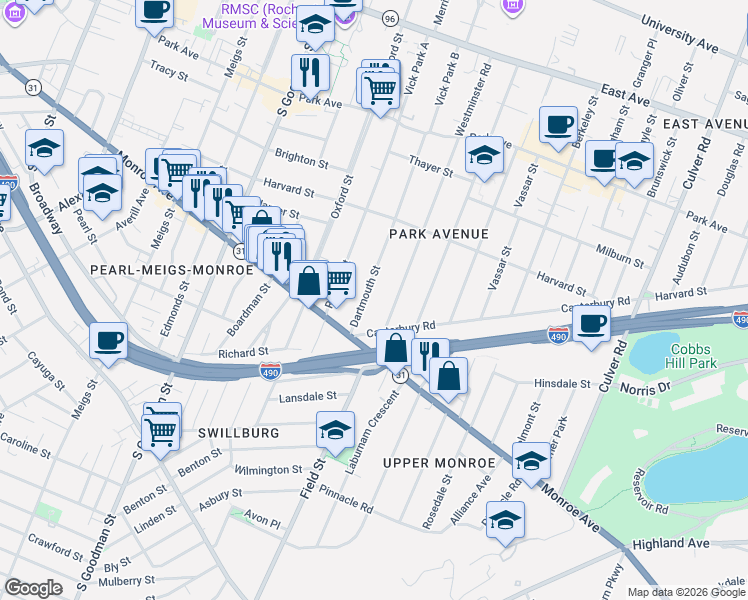 map of restaurants, bars, coffee shops, grocery stores, and more near 236 Dartmouth Street in Rochester