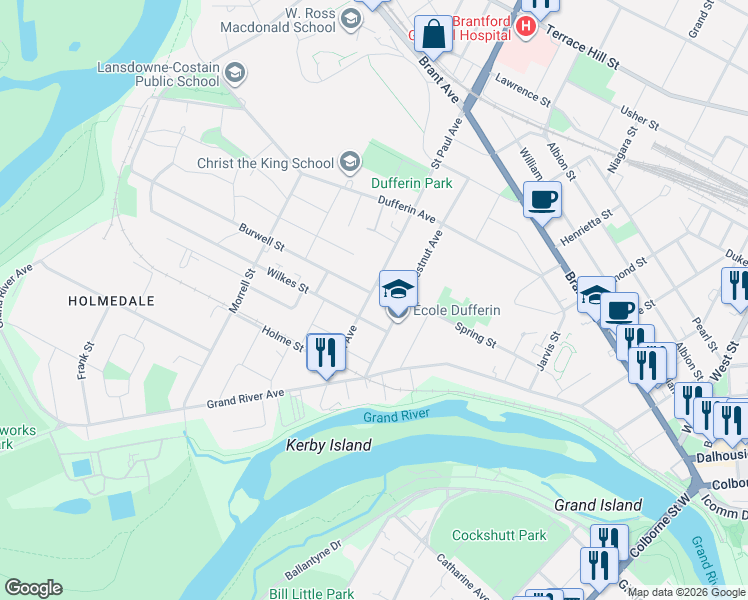 map of restaurants, bars, coffee shops, grocery stores, and more near 3 Burwell Street in Brantford