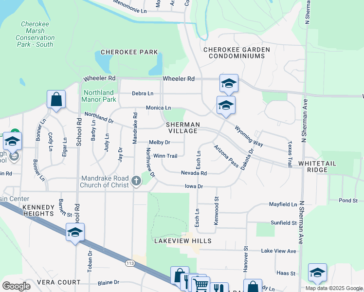 map of restaurants, bars, coffee shops, grocery stores, and more near 1221 Melby Drive in Madison
