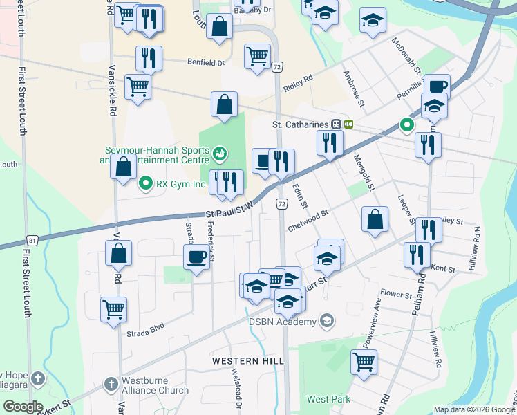 map of restaurants, bars, coffee shops, grocery stores, and more near 241 Saint Paul Street West in St. Catharines