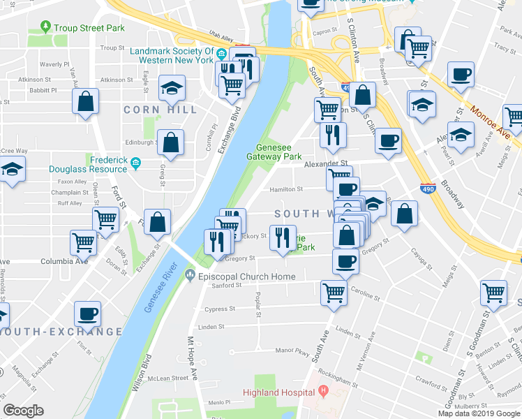 map of restaurants, bars, coffee shops, grocery stores, and more near 36 Averill Avenue in Rochester