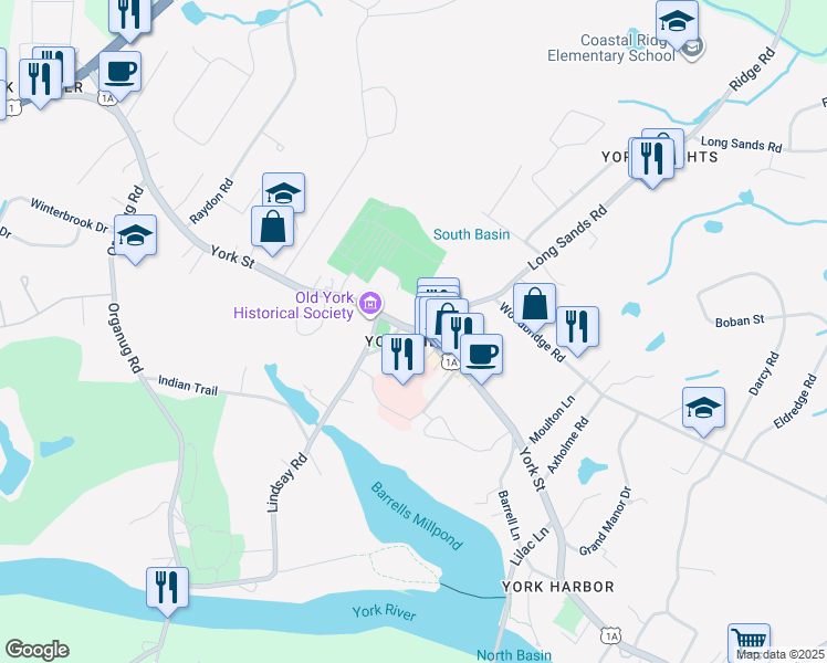 map of restaurants, bars, coffee shops, grocery stores, and more near 186 York Street in York