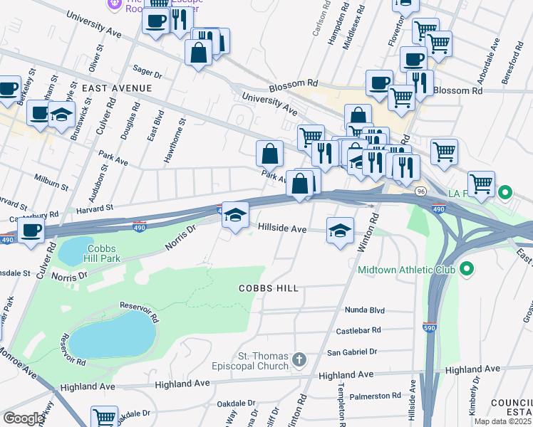 map of restaurants, bars, coffee shops, grocery stores, and more near 221 Norris Drive in Rochester