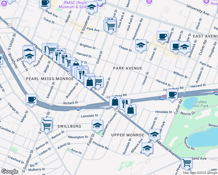 map of restaurants, bars, coffee shops, grocery stores, and more near 236 Dartmouth Street in Rochester