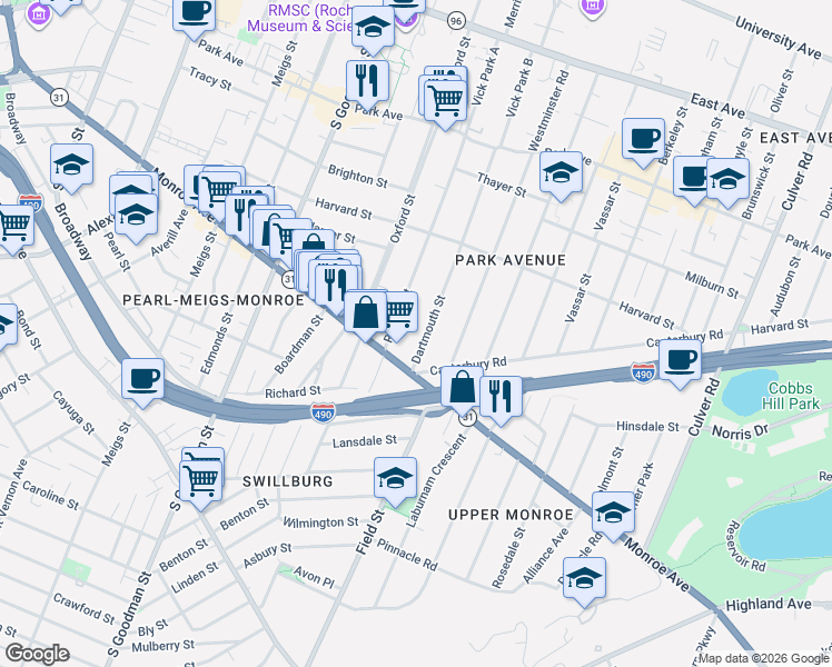 map of restaurants, bars, coffee shops, grocery stores, and more near 252 Rutgers Street in Rochester