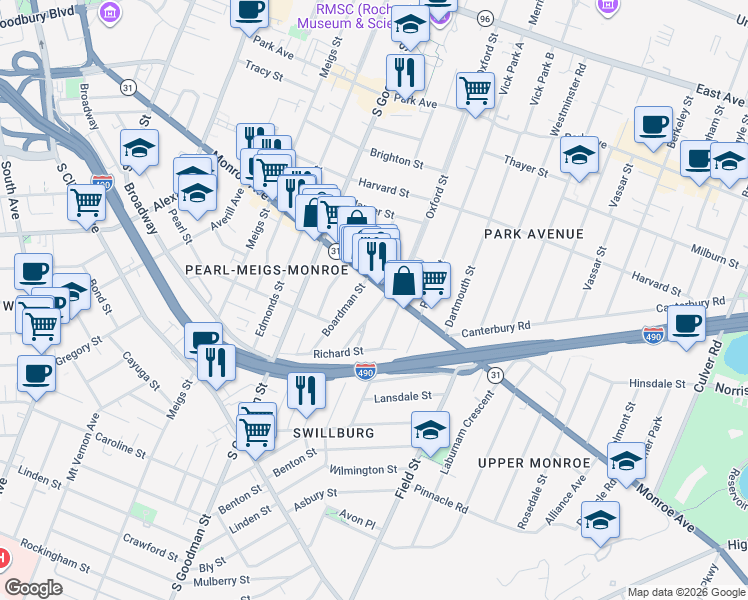 map of restaurants, bars, coffee shops, grocery stores, and more near 6 Boardman Street in Rochester