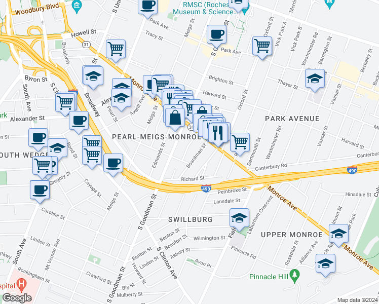 map of restaurants, bars, coffee shops, grocery stores, and more near 30 Amherst Street in Rochester