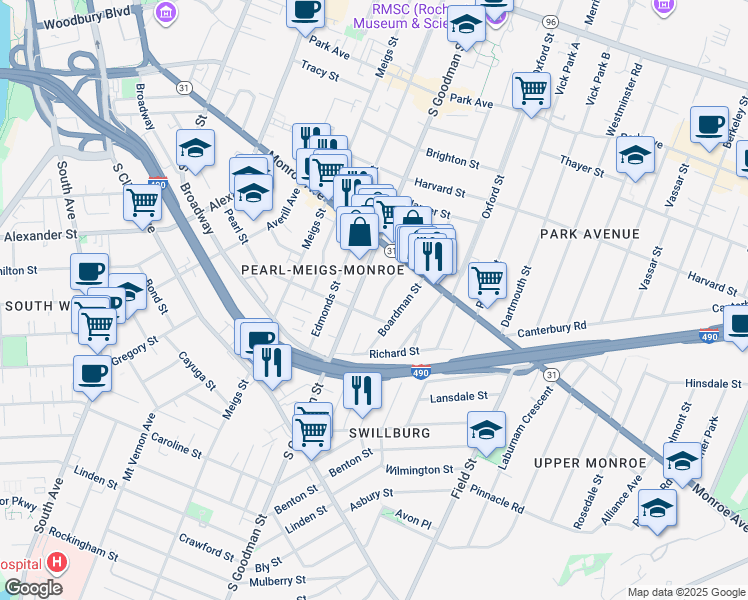 map of restaurants, bars, coffee shops, grocery stores, and more near 30 Amherst Street in Rochester