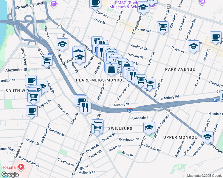 map of restaurants, bars, coffee shops, grocery stores, and more near 465 South Goodman Street in Rochester