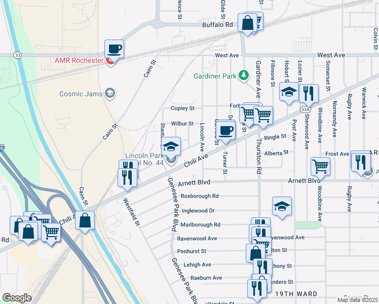 map of restaurants, bars, coffee shops, grocery stores, and more near 18 Farragut Street in Rochester