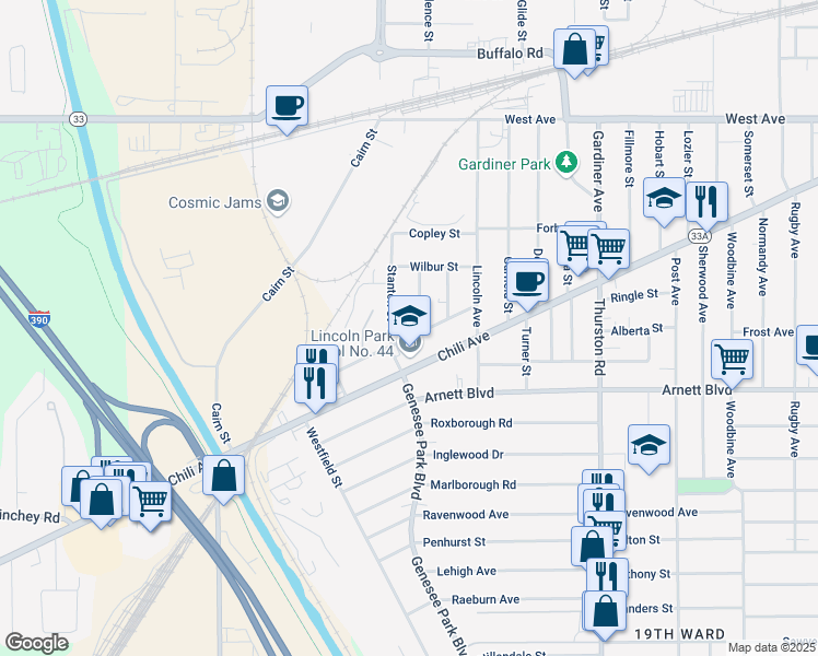 map of restaurants, bars, coffee shops, grocery stores, and more near 24 Briggs Street in Rochester