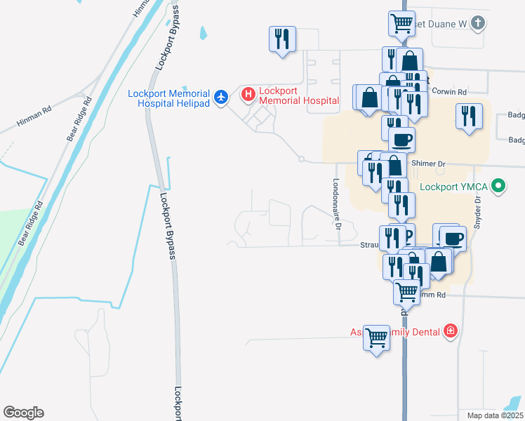 map of restaurants, bars, coffee shops, grocery stores, and more near 5749 Glendale Drive in Lockport