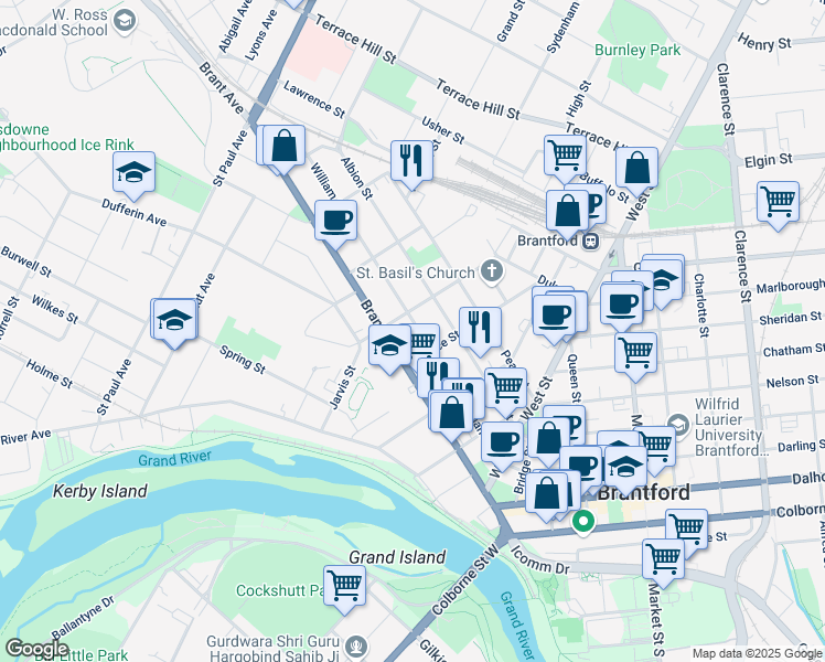 map of restaurants, bars, coffee shops, grocery stores, and more near 91 William Street in Brantford
