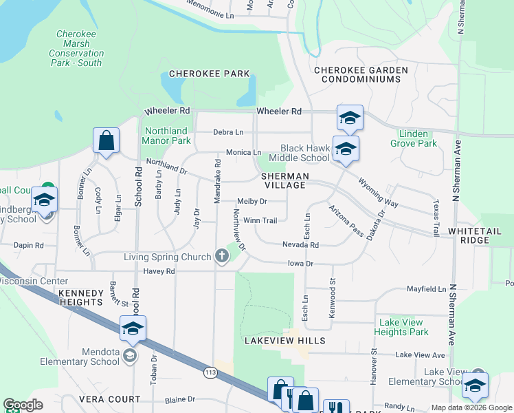 map of restaurants, bars, coffee shops, grocery stores, and more near 1126 Melby Drive in Madison