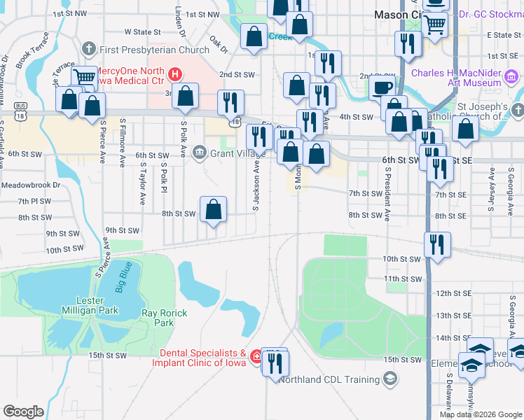 map of restaurants, bars, coffee shops, grocery stores, and more near 655 South Jackson Avenue in Mason City