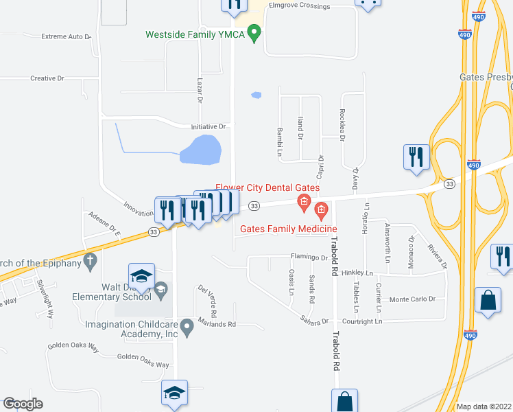 map of restaurants, bars, coffee shops, grocery stores, and more near 2909 Buffalo Road in Rochester