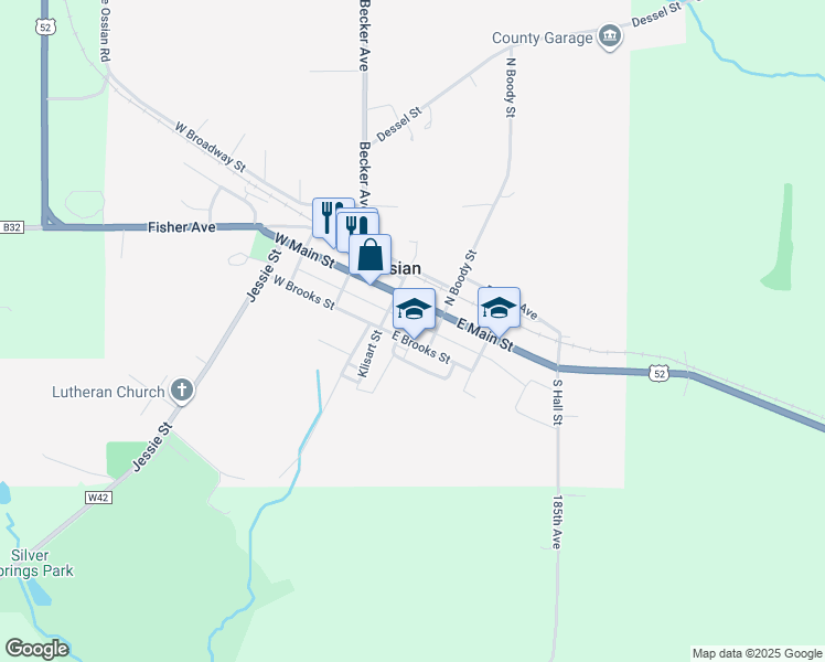 map of restaurants, bars, coffee shops, grocery stores, and more near 204 E Main St in Ossian
