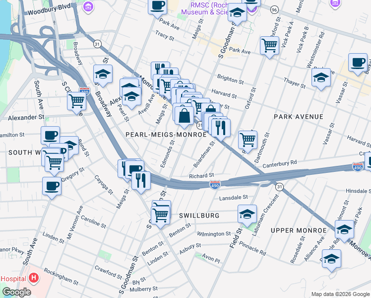map of restaurants, bars, coffee shops, grocery stores, and more near 488 South Goodman Street in Rochester