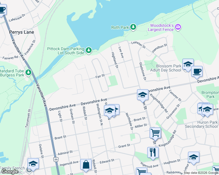 map of restaurants, bars, coffee shops, grocery stores, and more near 73 Northland Crescent in Woodstock