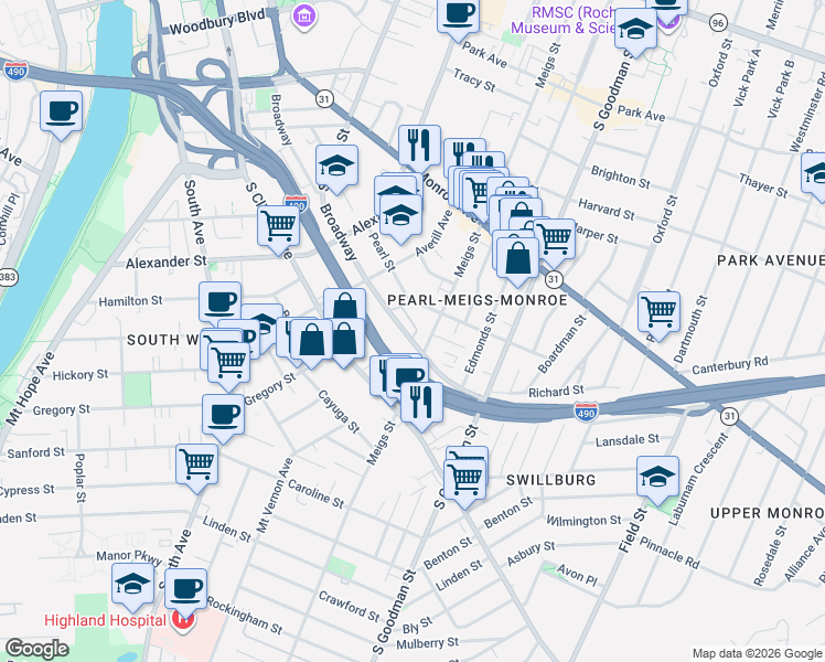 map of restaurants, bars, coffee shops, grocery stores, and more near 694 Broadway in Rochester