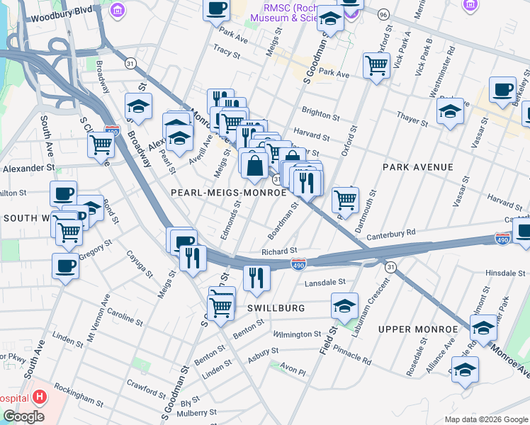 map of restaurants, bars, coffee shops, grocery stores, and more near 30 Amherst Street in Rochester