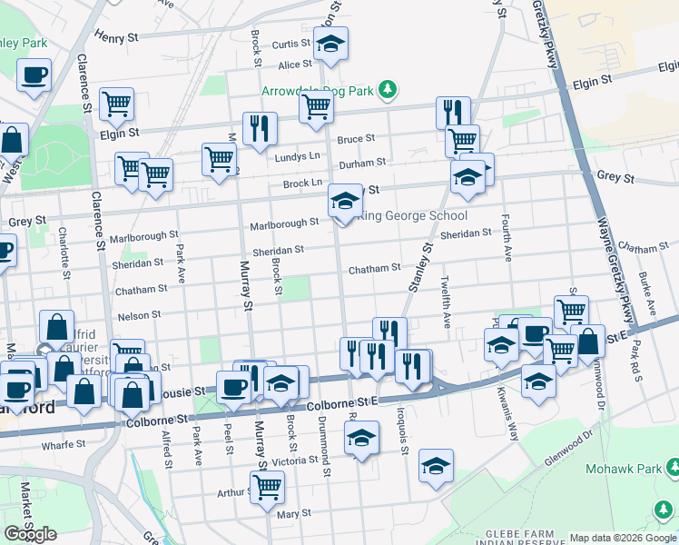 map of restaurants, bars, coffee shops, grocery stores, and more near Chatham Street in Brantford
