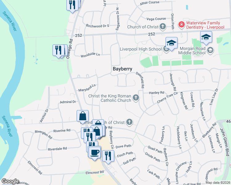 map of restaurants, bars, coffee shops, grocery stores, and more near 4192 Fireside Circle in Liverpool