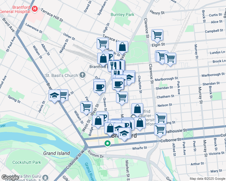 map of restaurants, bars, coffee shops, grocery stores, and more near 20 Sheridan Street in Brantford