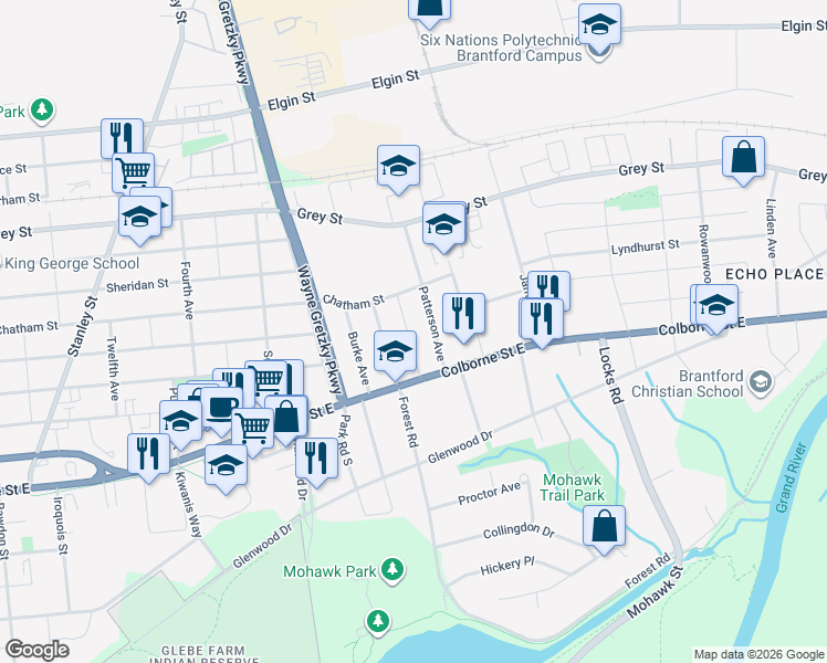map of restaurants, bars, coffee shops, grocery stores, and more near 27 Beverly Road in Brantford