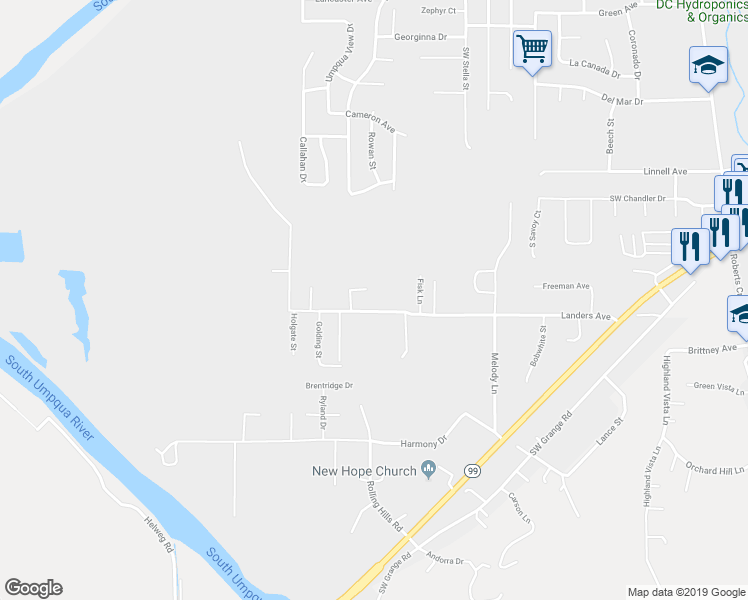 map of restaurants, bars, coffee shops, grocery stores, and more near 141 Clellon Court in Roseburg