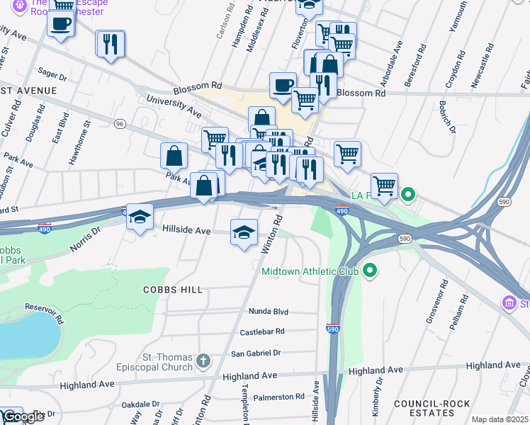 map of restaurants, bars, coffee shops, grocery stores, and more near 35 Hartsen Street in Rochester