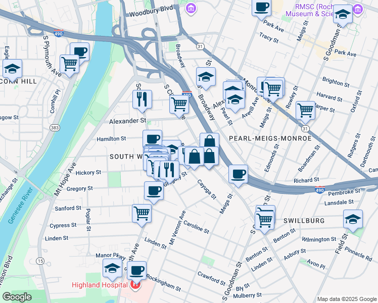 map of restaurants, bars, coffee shops, grocery stores, and more near 29 Bond Street in Rochester